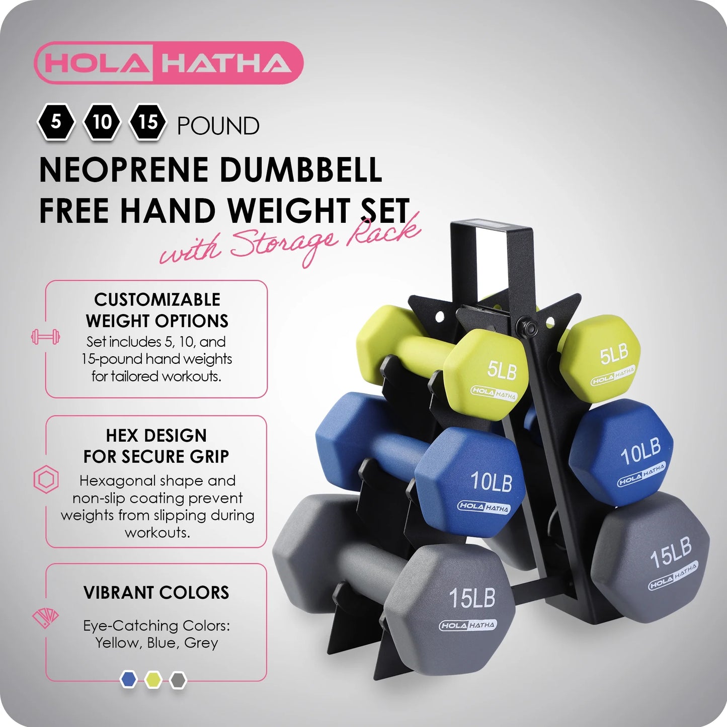 5, 10, and 15 Lb Neoprene Dumbbell Free Hand Weight Set & Rack